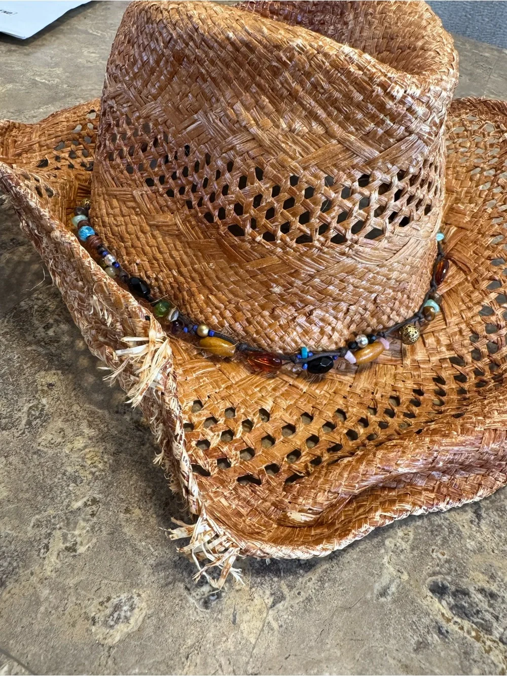 Vintage 2000s Scala Distressed Straw Cowgirl Hat Beaded Western Boho Y2K OS